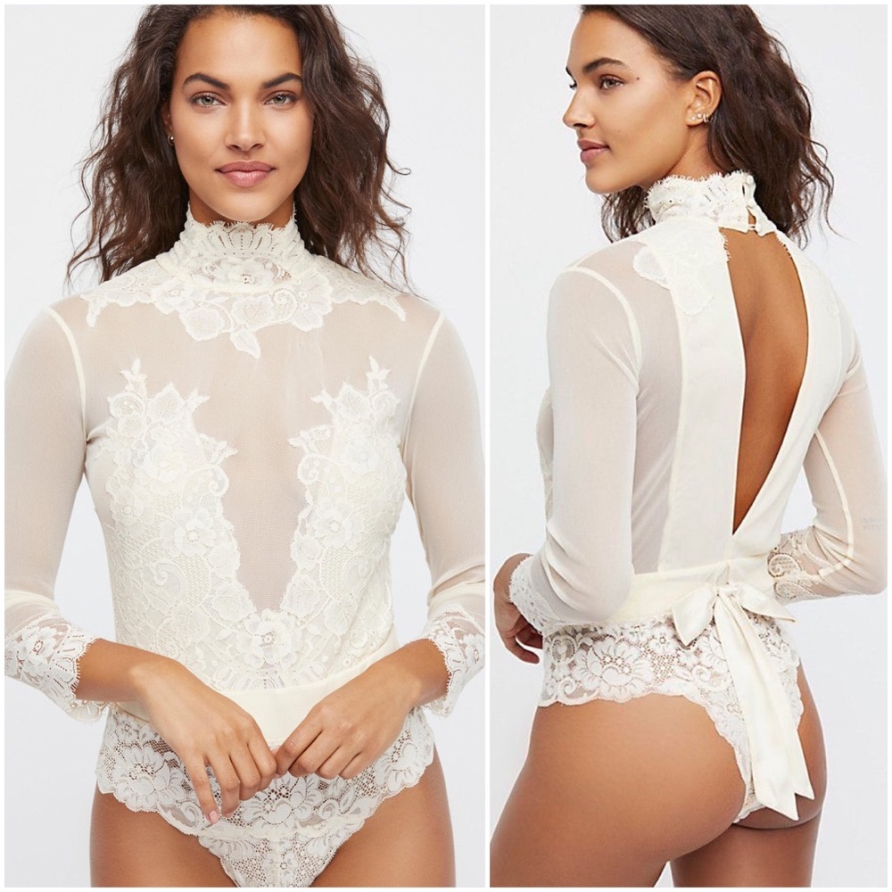 NWT Free People x Take HAH Bow Reversible Bodysuit in Cream Size Small